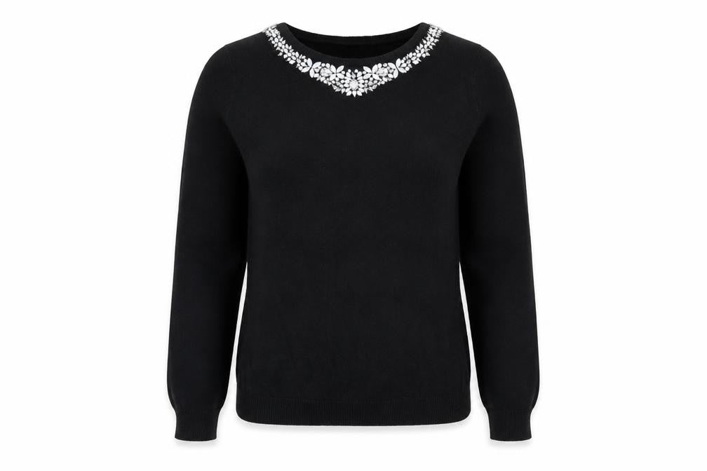Wallis Women Petite Black Beaded Crew Neck Jumper Size 16