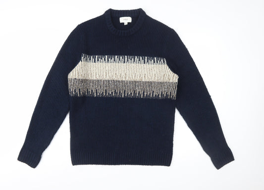 Marks and Spencer Men's Blue Geometric Chunky Knit Crew Neck Jumper Size M