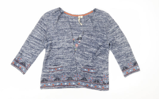 White Stuff Women’s Blue Embroidered Cardigan UK 12 Bohemian Knit