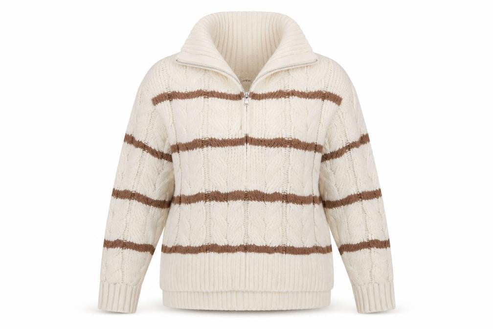 Hippie Rose Women Ivory Brown Striped Cable-Knit 1/4 Zip Jumper Size S