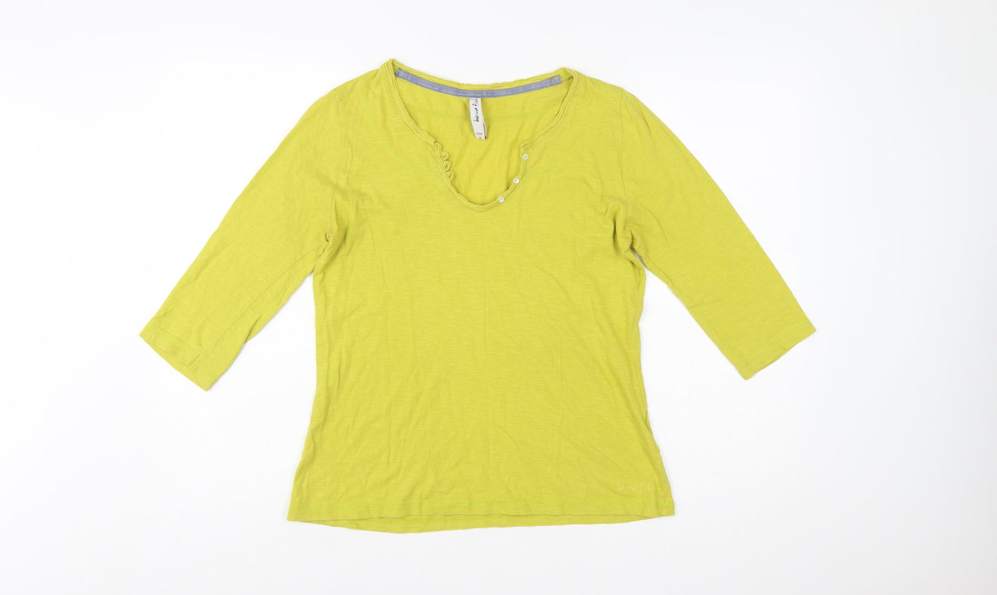 Weird Fish Womens Green Size 8 V-Neck 3/4 Sleeve Cotton Top