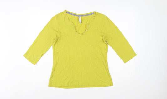 Weird Fish Womens Green Size 8 V-Neck 3/4 Sleeve Cotton Top