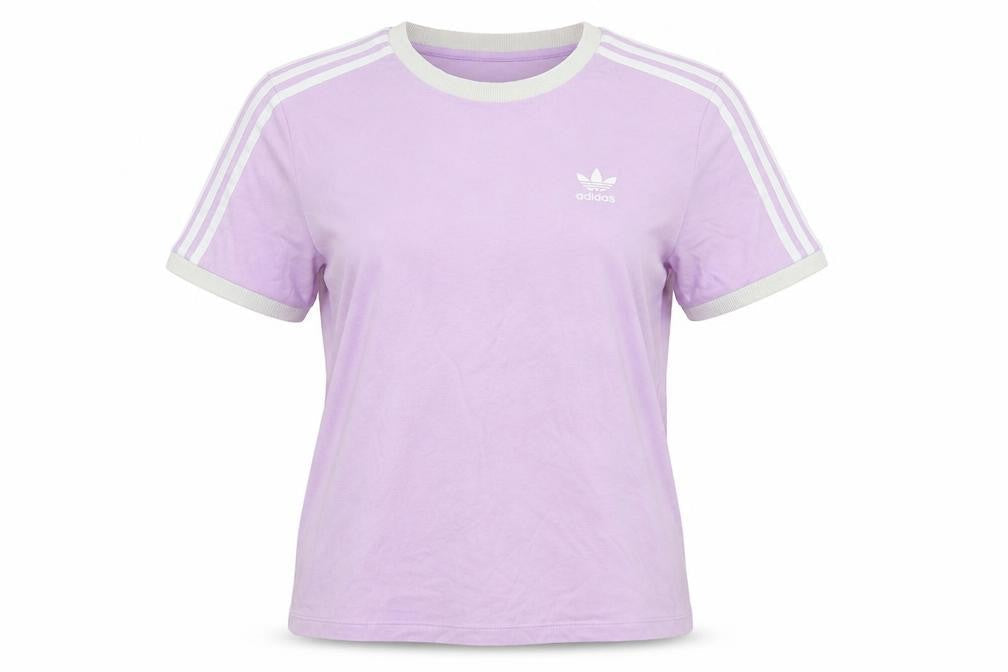 Front view of Adidas Women Purple Ringer T-Shirt, size 10, Short Sleeve Retro Style