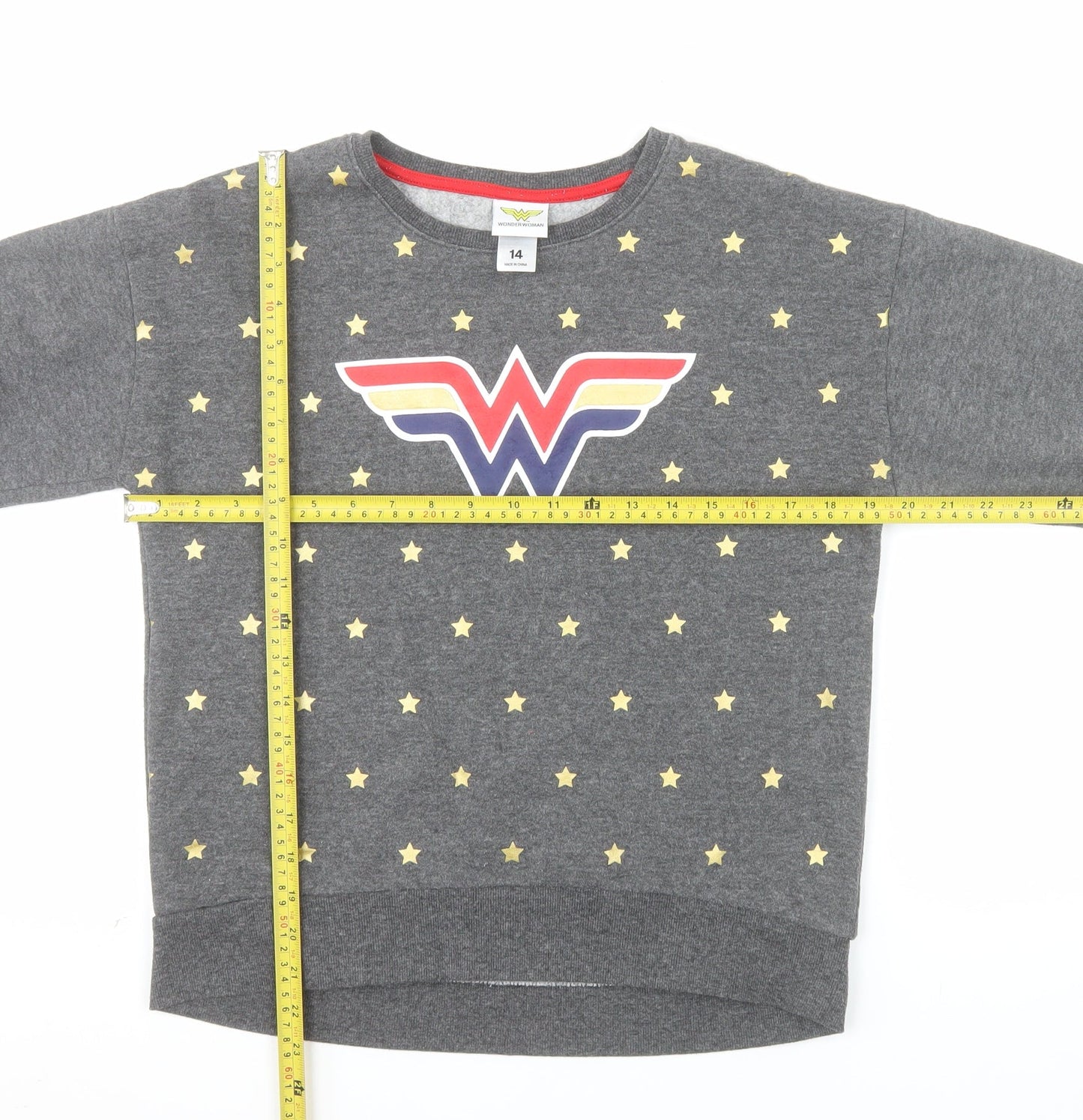 Wonder Woman Girls Grey Sweatshirt Size 14 Star Print Cotton Blend