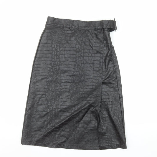 Primark Women’s Black Faux Leather Animal Print Midi Wrap Skirt Size 14