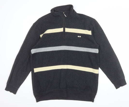 BHS Men’s Grey Striped 1/2 Zip Cotton Blend Jumper Size L