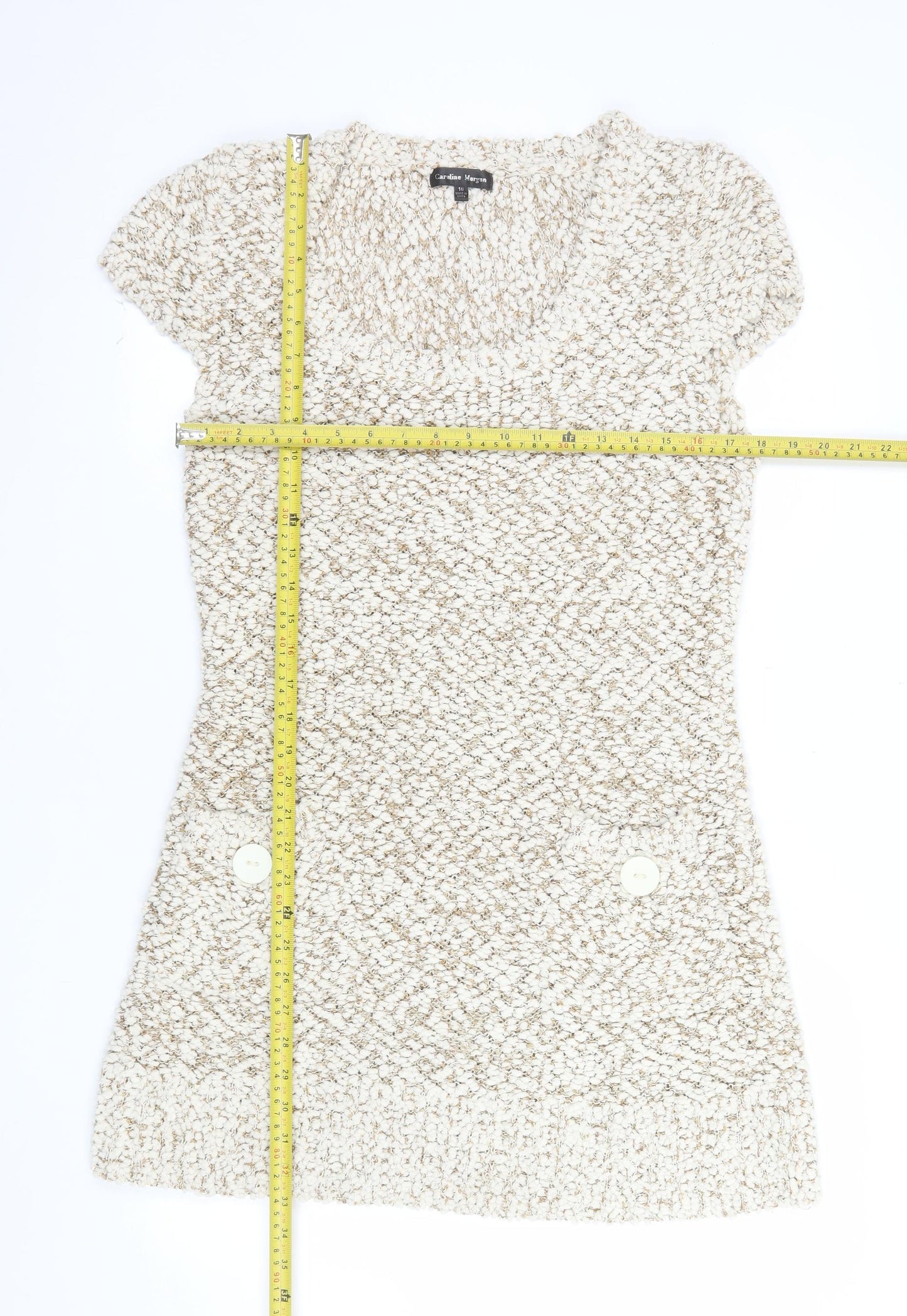 Caroline Morgan Women Beige Knit Shift Dress Size 16 Short Sleeve