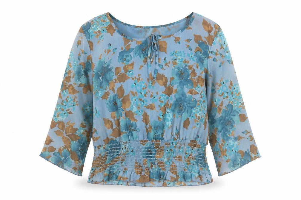 Norton McNaughton Women’s Blue Floral Chiffon Blouse Size L 3/4 Sleeve
