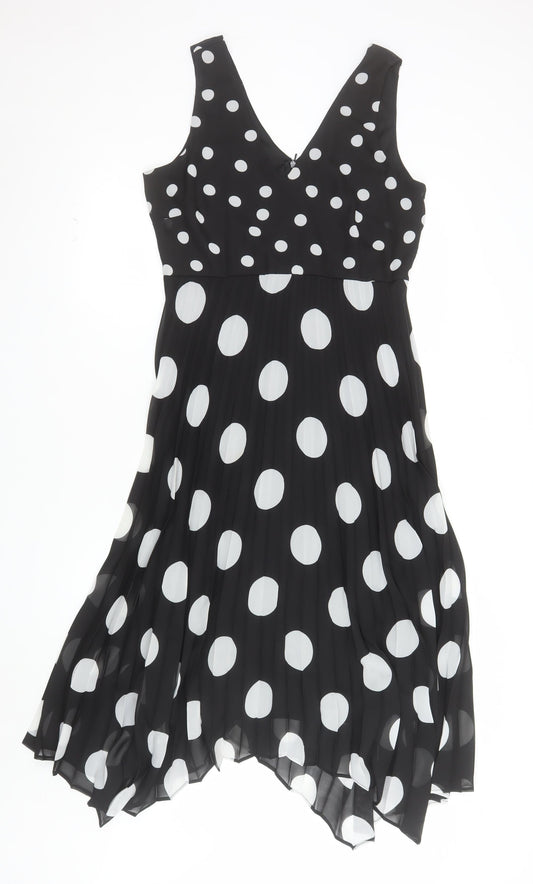Wallis Women’s Black White Polka Dot A-Line V-Neck Sleeveless Dress UK 10