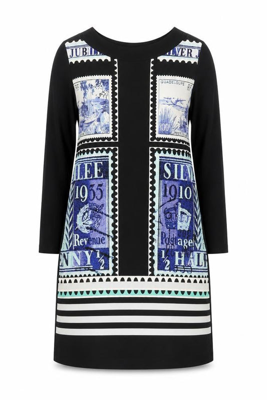 Olsen Womens Blue Graphic Shift Dress Size 12 Long Sleeve