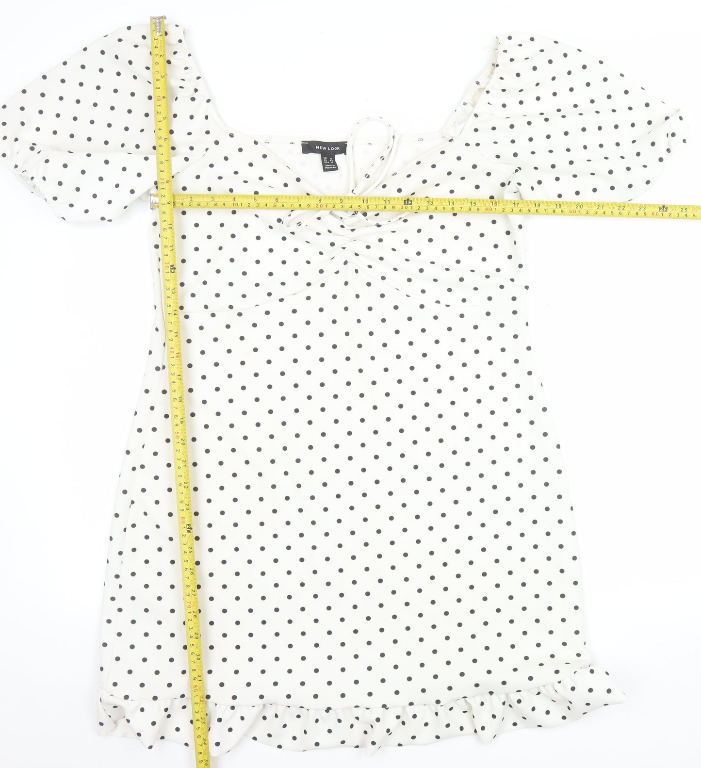 New Look Women White Polka Dot Mini Dress Size 16 Puff Sleeve