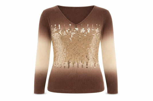 KT Womens Brown Sequin V-Neck Long Sleeve Knit Top Size 16