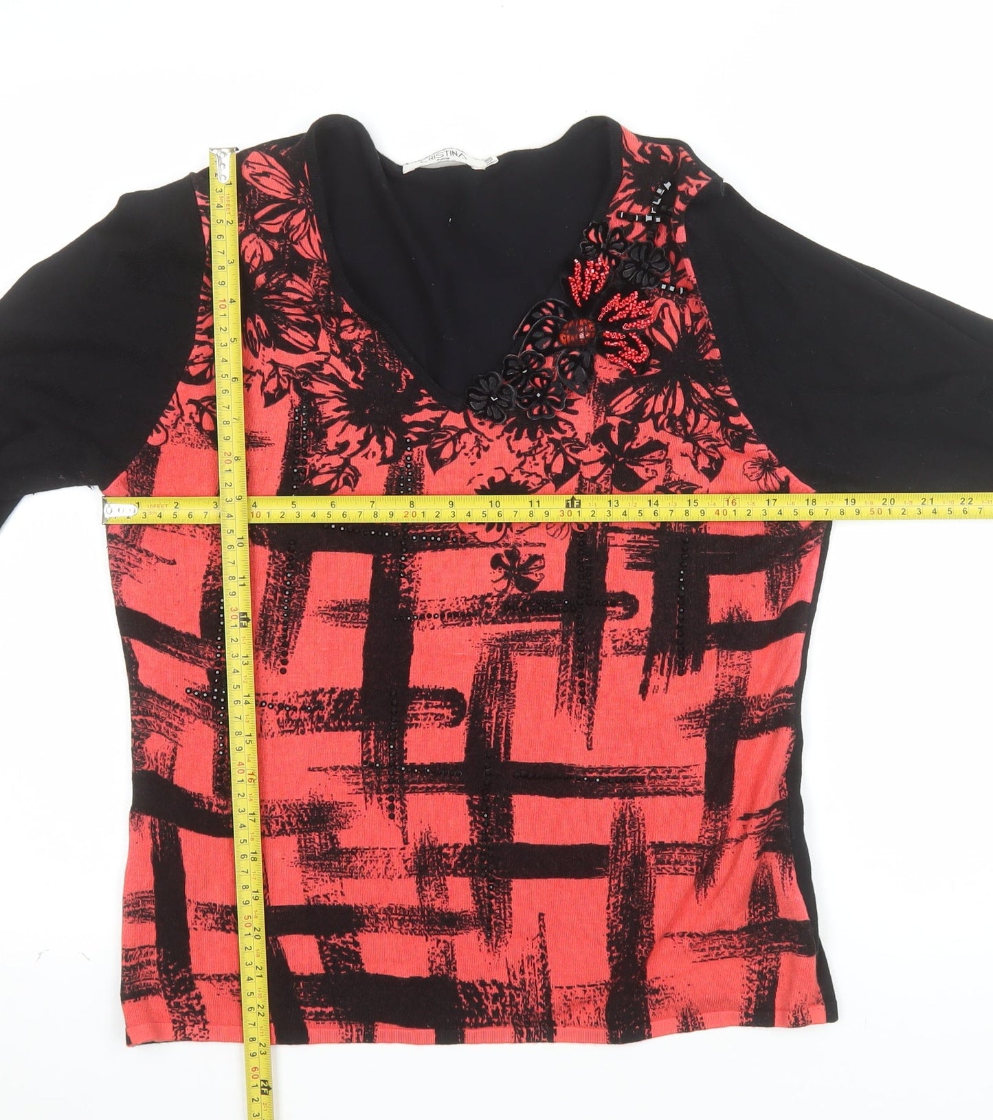 Cristina Paris Womens Red Black Floral Beaded Viscose Tunic Top Size M