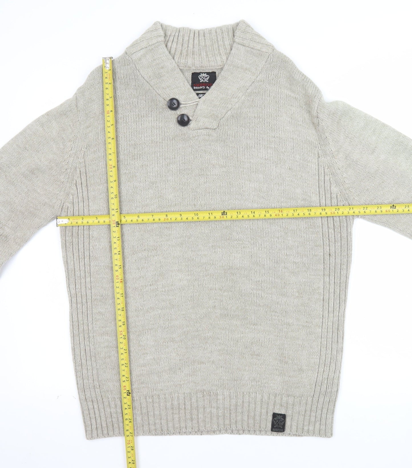Ambrose Brand & Co Men's Beige Wool Blend Shawl Neck Pullover Jumper M