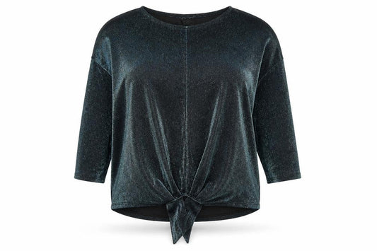 Front view of Principles Women’s Black Glitter Tie Front 3/4 Sleeve Tunic Blouse, size UK 14