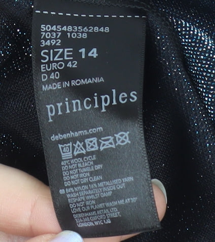Principles Women’s Black Glitter Tie Front 3/4 Sleeve Tunic Blouse Size 14