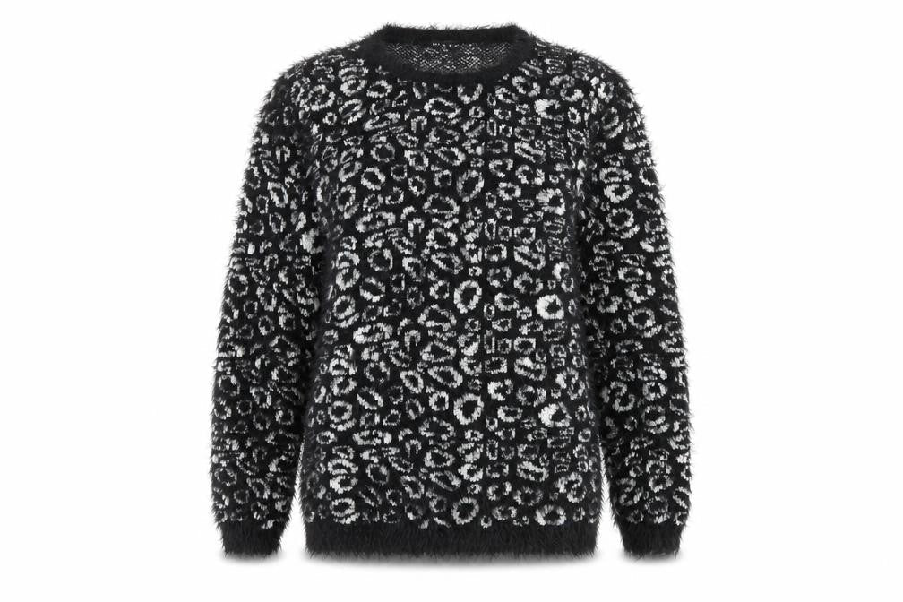 Micha Women’s Black Animal Print Fluffy Knit Jumper S Round Neck