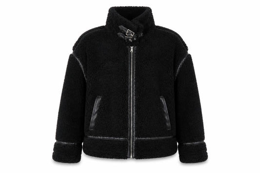 Front view of Papaya Women's Black Faux Shearling Biker Jacket, size 12