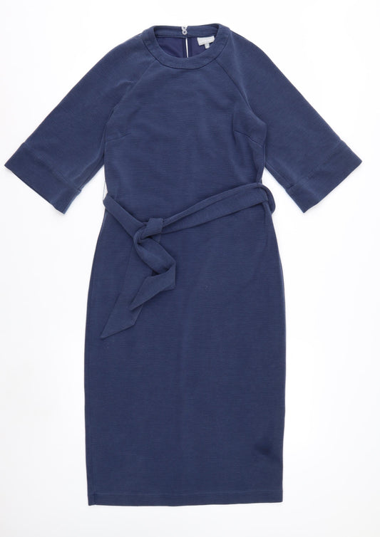 Oliver Bonas Women Blue Size 8 Sheath Knee Length Belted Dress
