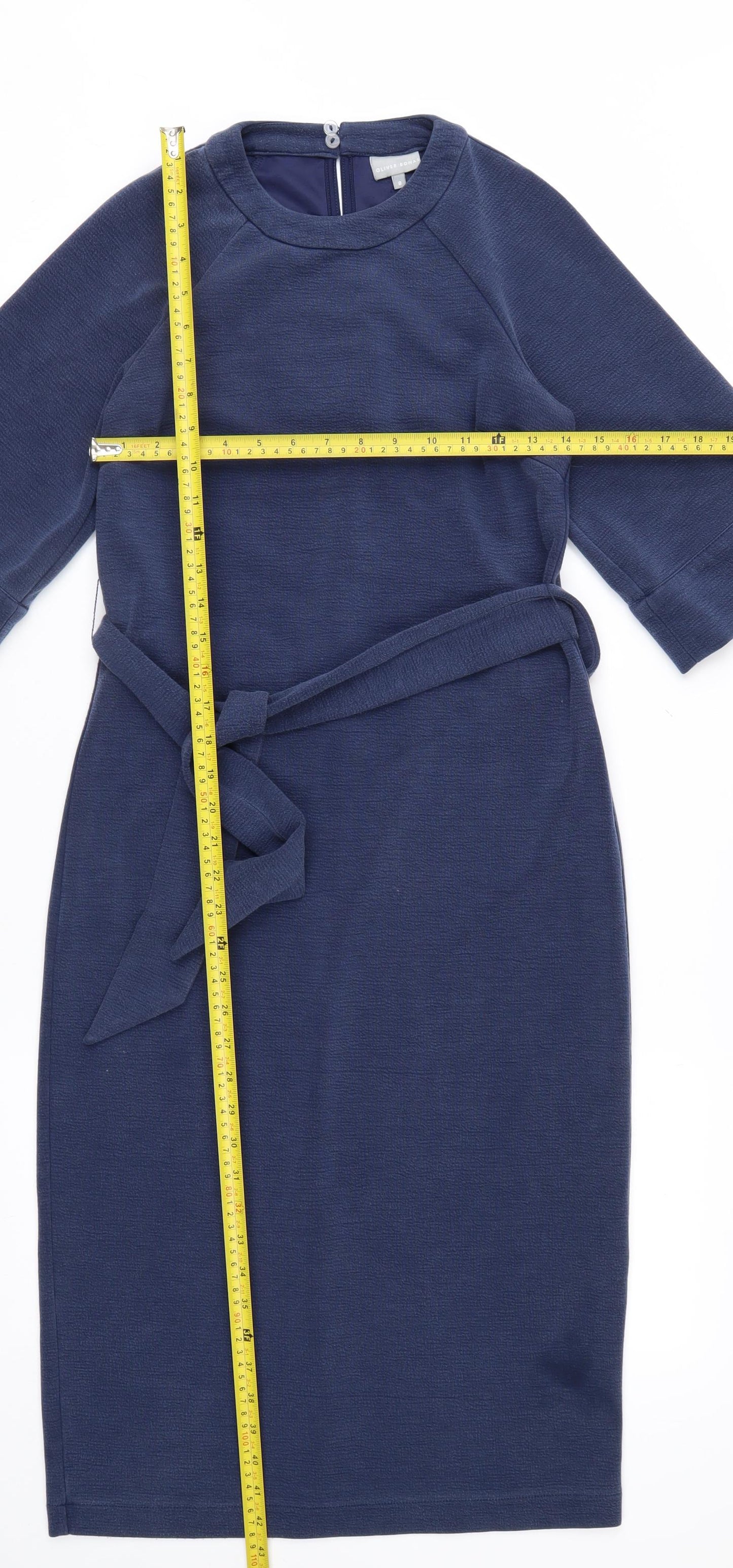 Oliver Bonas Women Blue Size 8 Sheath Knee Length Belted Dress