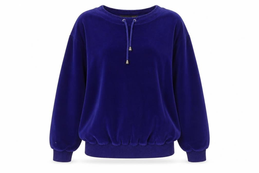 Front view of Lizsport Women's Purple Velour Pullover Sweatshirt Medium