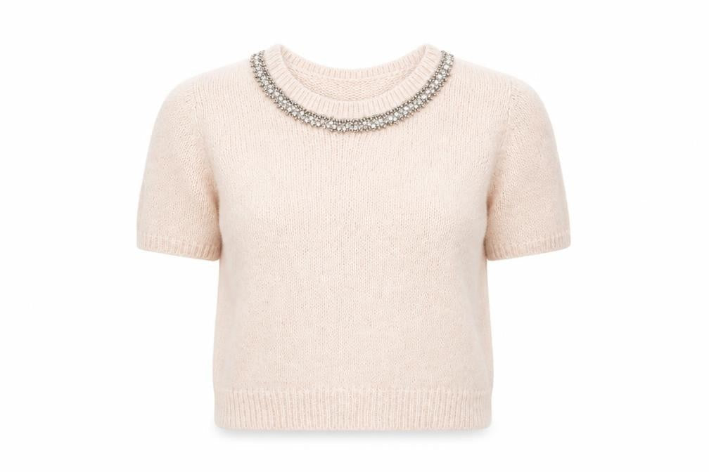 Dorothy Perkins Women Ivory Beaded Crew Neck Short Sleeve Jumper Size 14