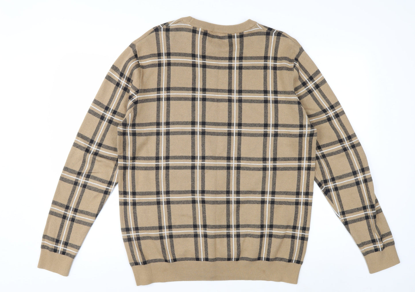 Next Men Beige Check Cotton Crew Neck Pullover Jumper L