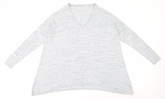 Fat Face Womens Blue V-Neck Cotton Linen Blend Relaxed Fit Jumper Size 14