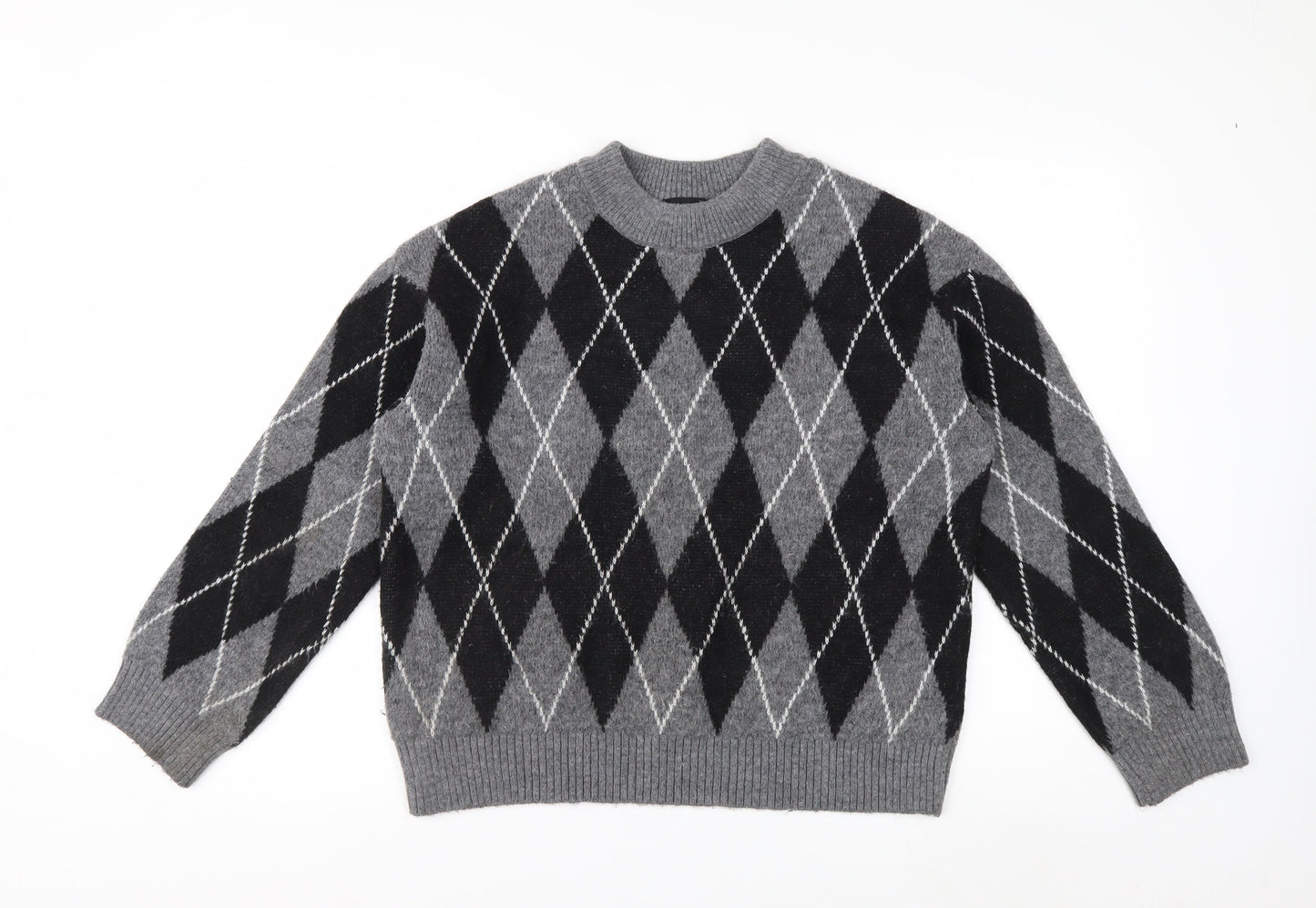 New Look Women's Grey Argyle Crew Neck Jumper Size S