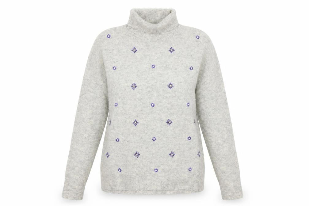 Laura Ashley Women Grey Wool Roll Neck Jumper UK 12 Beaded Embellished
