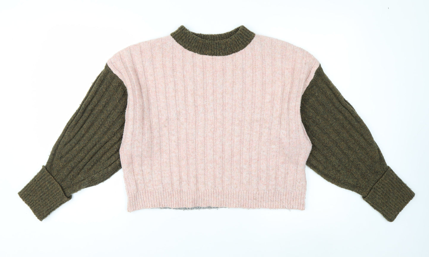 Topshop Women’s Pink & Khaki Ribbed Knit Crew Neck Jumper XS