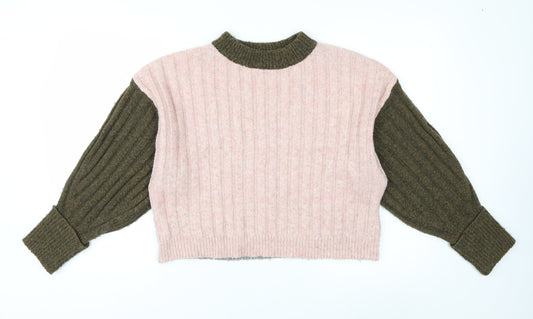 Topshop Women’s Pink & Khaki Ribbed Knit Crew Neck Jumper XS