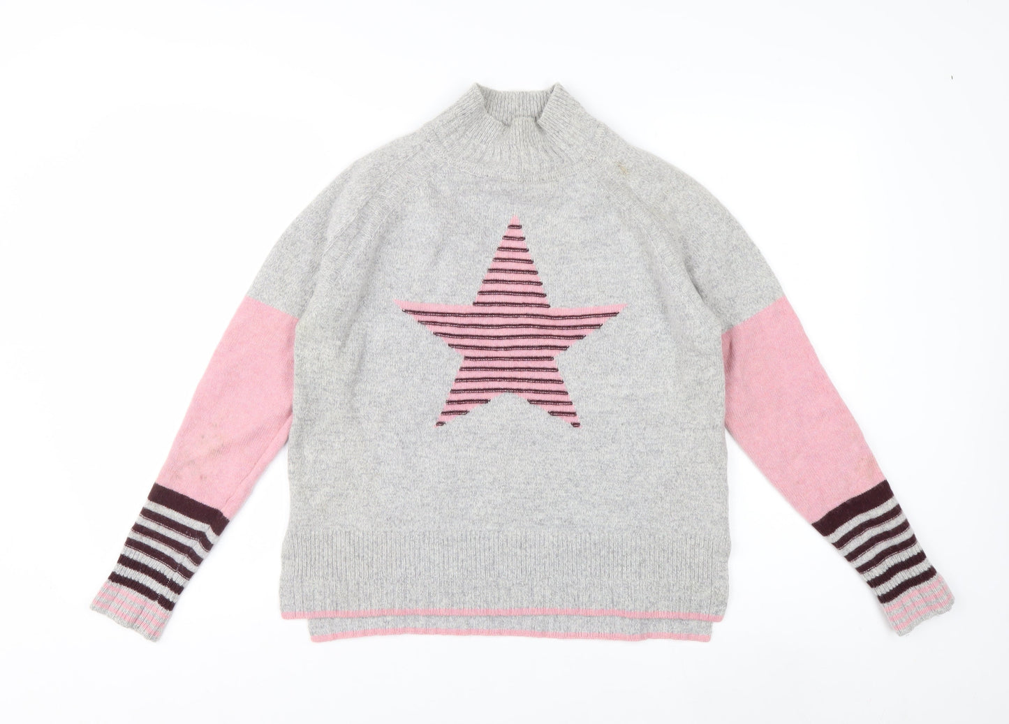 White Stuff Women Grey Pink Star Jumper UK 8 Lambswool Blend Knit