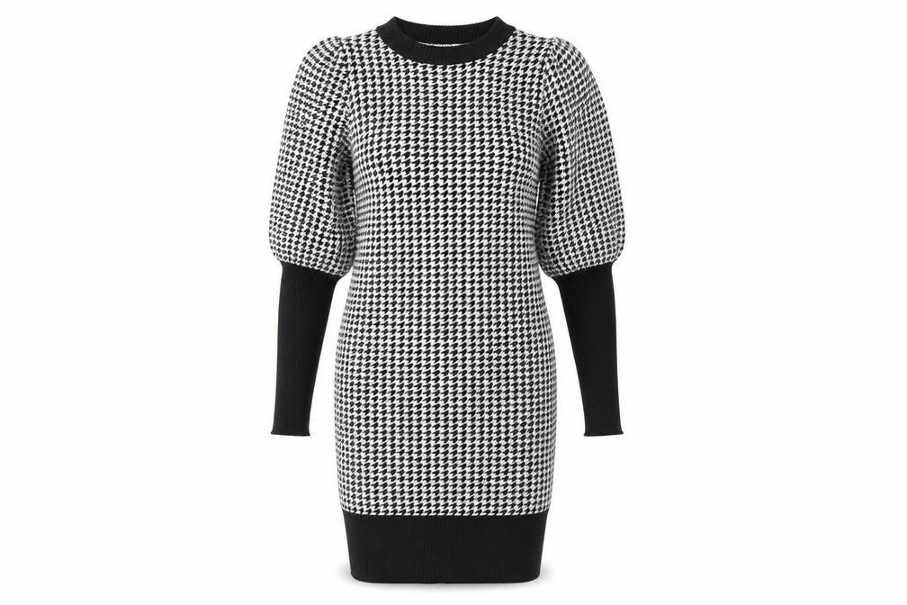 QED LDN Women’s Black Houndstooth Knit Puff Sleeve Pencil Dress M