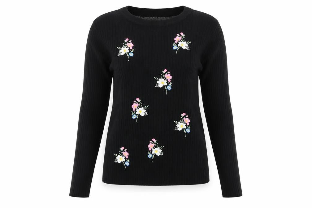 H&M Divided Women's Black Floral Embroidered Long Sleeve Jersey Top Size S