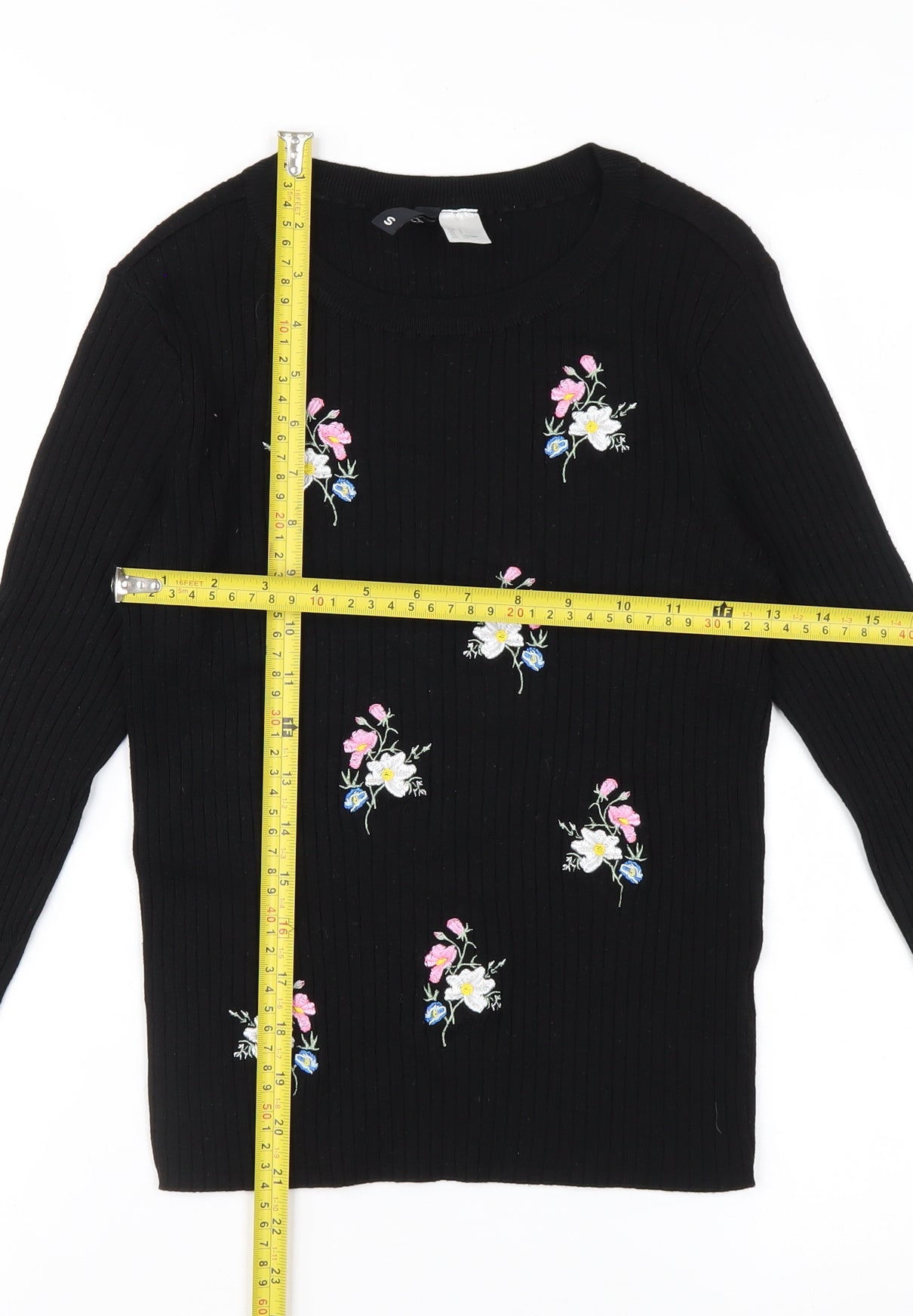H&M Divided Women's Black Floral Embroidered Long Sleeve Jersey Top Size S