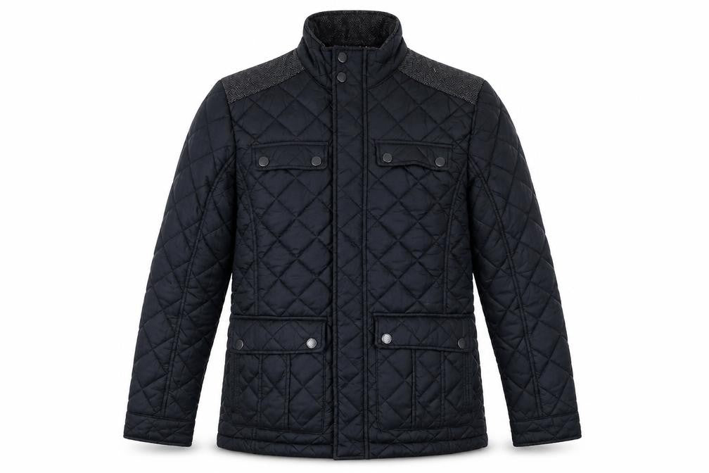 Front view of Maine New England Men's Black Quilted Nylon Jacket, size S, 38in