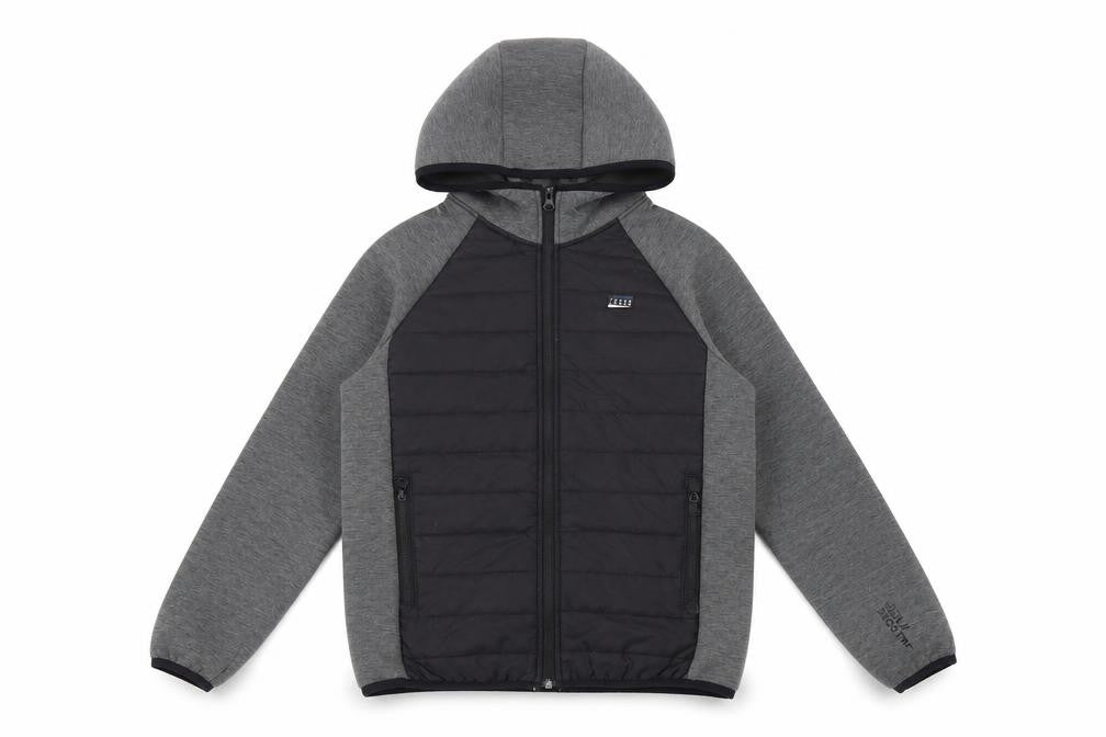 Front view of Jack & Jones boys’ grey hooded puffer jacket, size 152, full zip