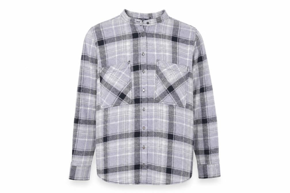 Next Men's Grey Check Flannel Band Collar Long Sleeve Shirt Size 14