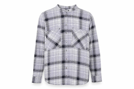 Next Men's Grey Check Flannel Band Collar Long Sleeve Shirt Size 14