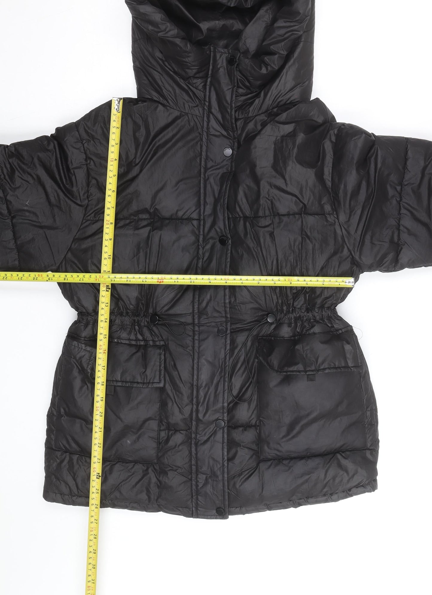 Bershka Women's Black XS Puffer Jacket Hooded Mid-Length