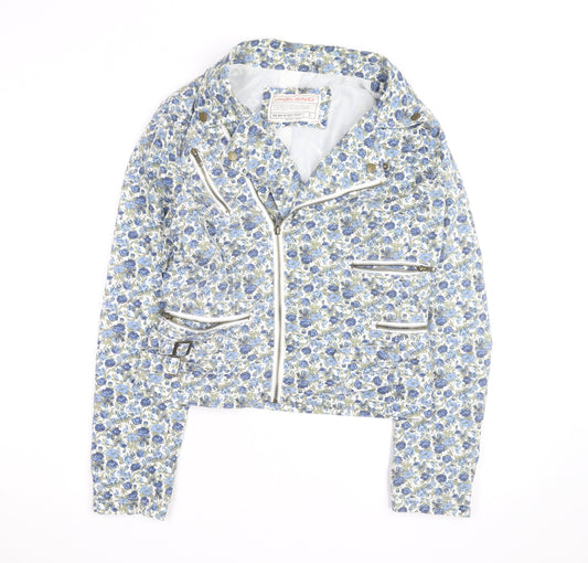 Blend Women Blue Floral Biker Jacket Cotton Zip Lined L