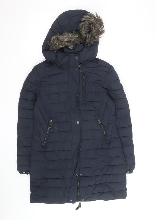 Superdry Womens Blue Long Puffer Coat Hooded Faux Fur Trim Size S