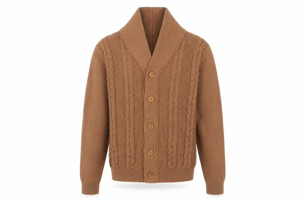 Guide London Men's Brown XL Cable-Knit Cotton Shawl Collar Cardigan