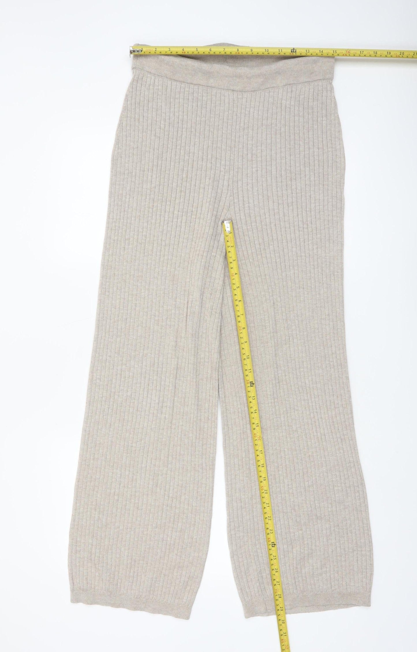 H&M Women Beige Knit Wide-Leg Lounge Trousers Size M