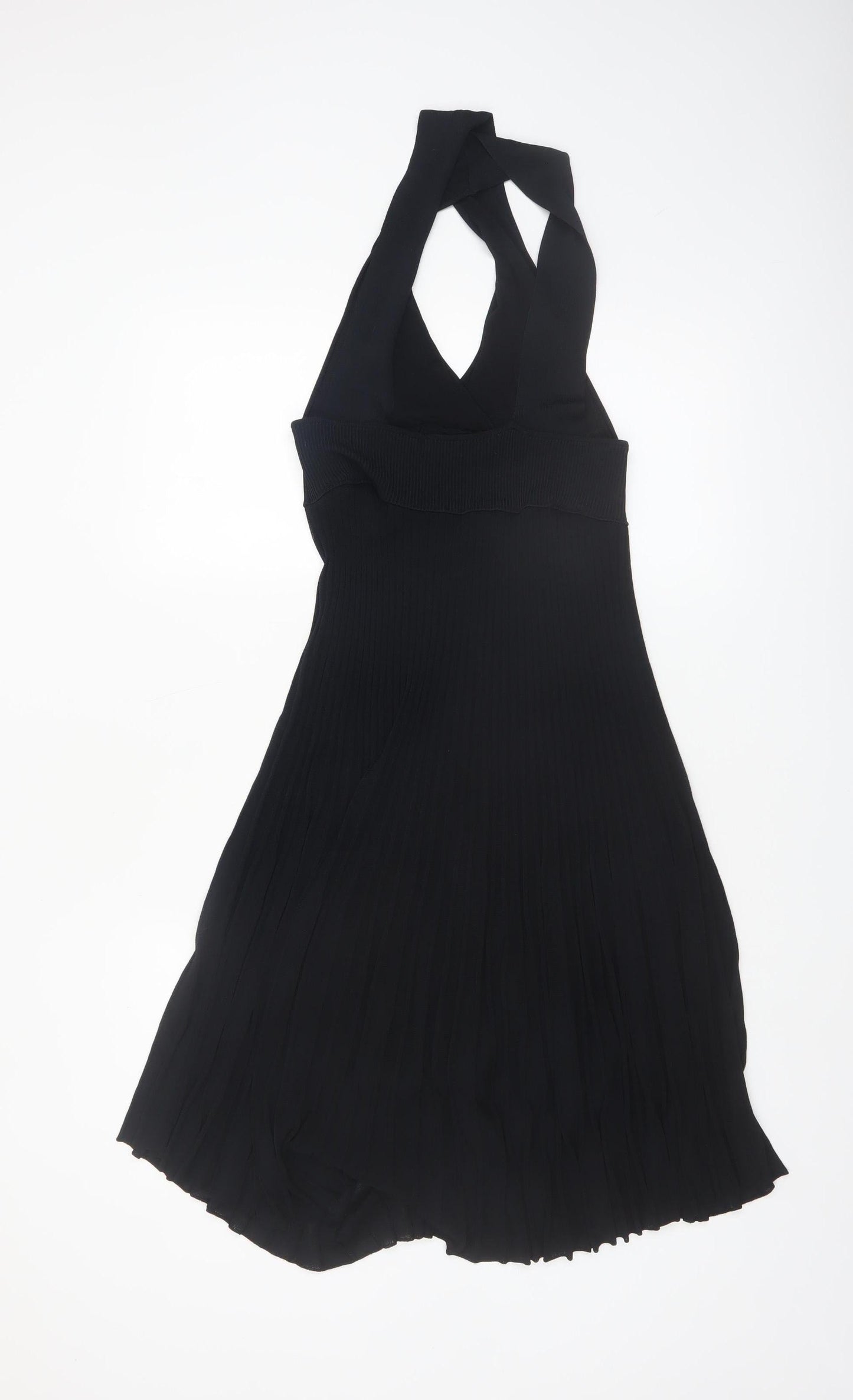 Zara Womens Black Midi Fit & Flare Halter Pleated Knit Dress Size M