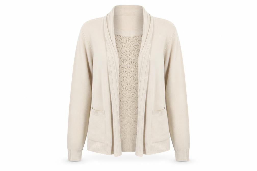Mia Moda Women’s Beige Knit Acrylic Cardigan M Long Sleeve Open Front