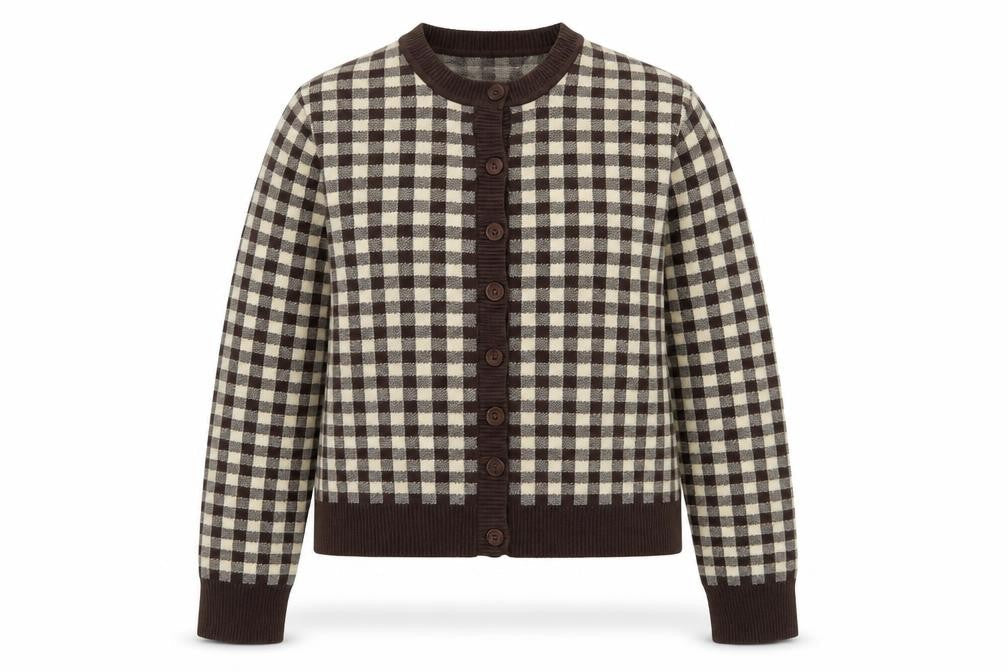 Motel Rocks Women Brown Beige Checked Cardigan XL Knit Long Sleeve