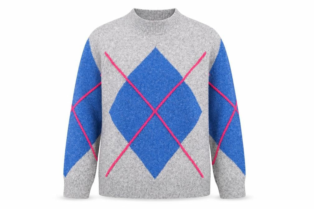 Damart Womens Grey Argyle Knit Pullover Jumper Size 14/16