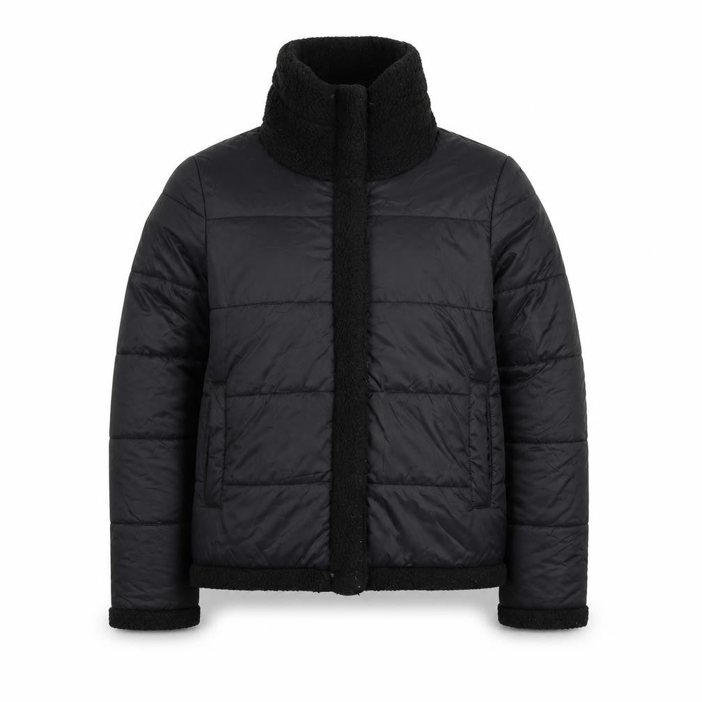 Front view of Guess Men's Black Mid-Length Puffer Jacket, size M, with Stand-Up Collar